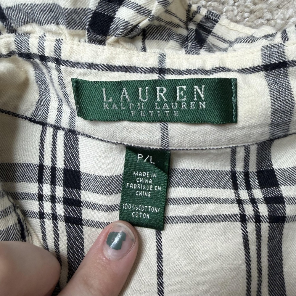 Lauren Ralph Lauren Shirt Womens Petite Large White Plaid Ruffle Flannel Top - Picture 2 of 8